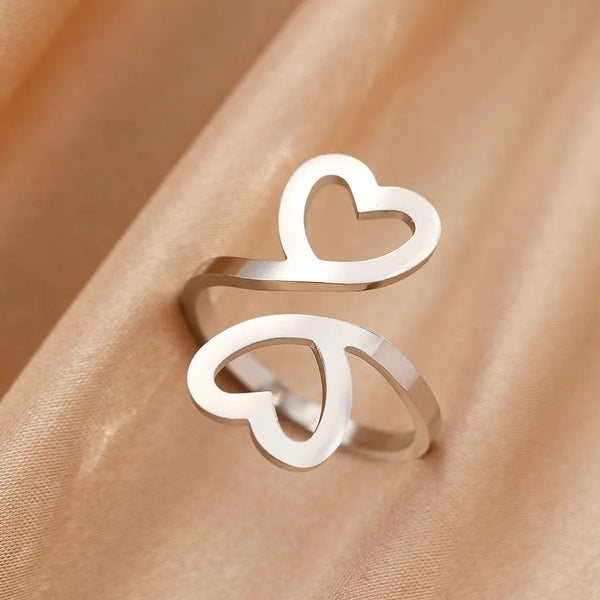 New Hollow Double Heart Open Ring Couple Style