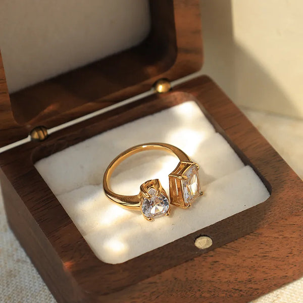 304 Stainless Steel 14K Gold Plated Inlay Geometric Zircon Open Rings
