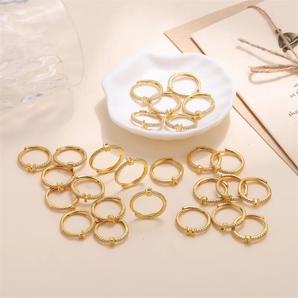 Waterproof Non Tarnish Adjustable Ring for Women in Golden Plated Copper with Zircon Inlay, PVD Coated