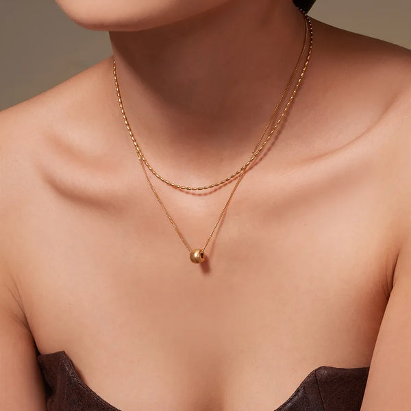 304 Stainless Steel Double Layer Carved Bead Zircon Chain Necklace 18K Gold Plated Lobster Clasp Design