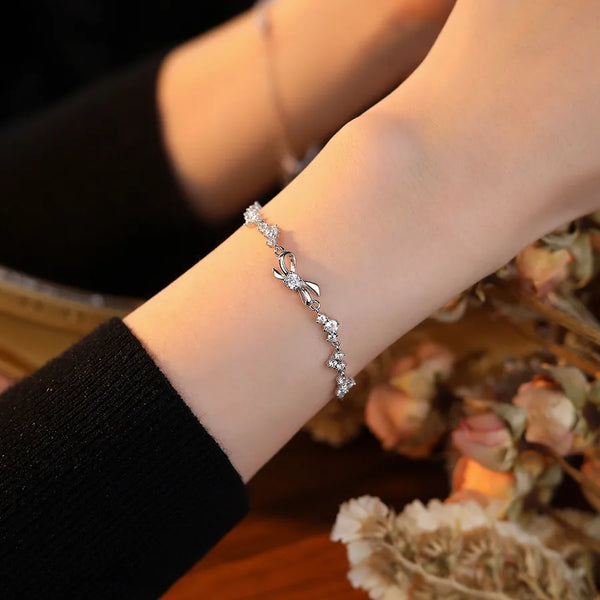 S999 Pure Silver Shiny Zircon Butterfly Knot Bracelet Luxury Versatile Elegant Sweet Girl Silver Jewelry Hand Accessory