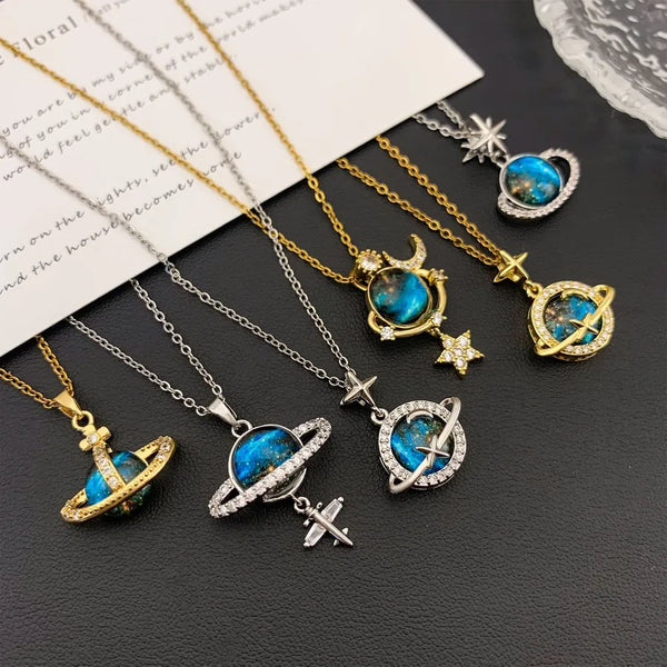 Fashionable Starry Sky Planet Micro-Paved Zirconia Necklace Women's High-End Non-Fading Accessory Titanium Steel Copper