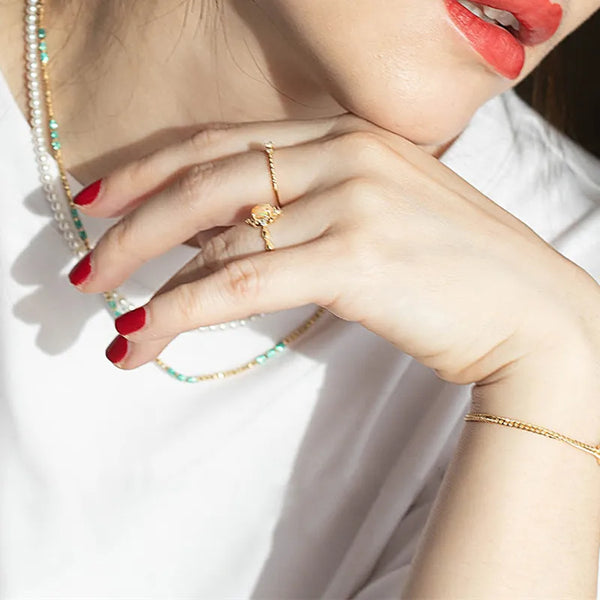 S925 Silver Plated 18K Gold Artificial Opal Ring Women's Embedded Zirconia Stone High-End Feel French Vintage Style Jewelry