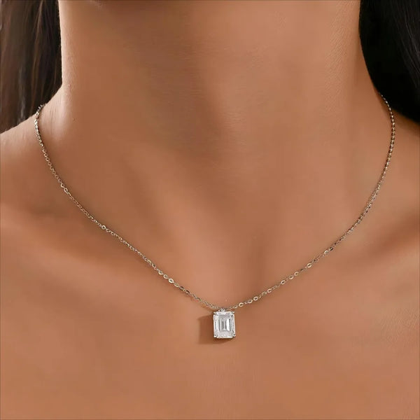 Square Necklace For Women in 925 Sterling Silver with Platinum Plated 0.01µm Finish and Zircon Inlay on Box Chain