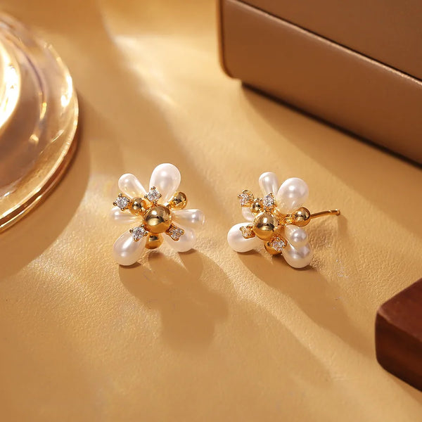 Elegant Pearl Flower Zircon Earrings For Women S925 Sterling Silver Needle Versatile Minimalist Design Fashionable Jewelry