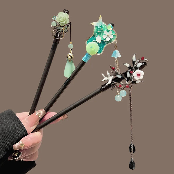 Wooden Hair Clip for Women Traditional Chinese Hair Accessory Bohemian Floral Print Vintage Check