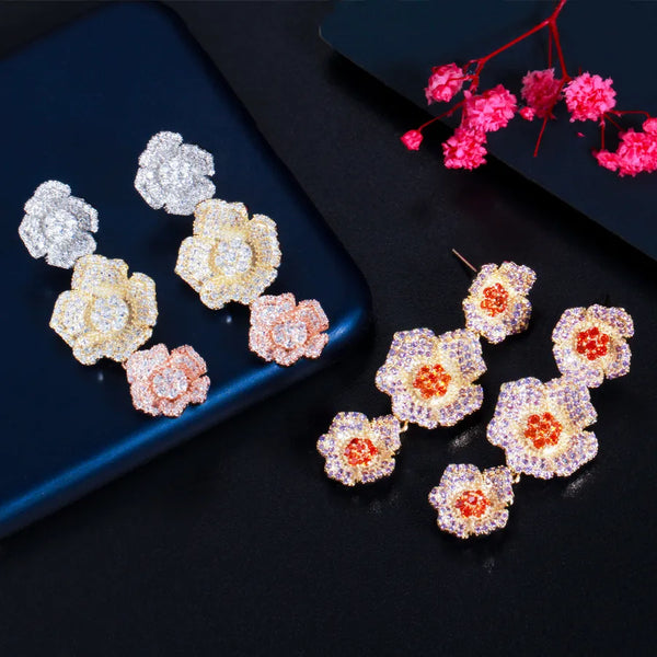 1 Pair Casual Vacation Flower Inlay Copper Zircon White Gold Plated Drop Earrings