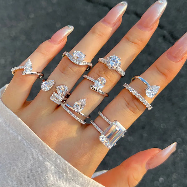 925 Sterling Silver Zircon Geometric Square Oval Rings