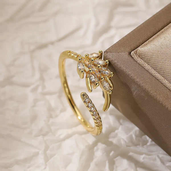 simple style leaves copper plating inlay zircon 18k gold plated open rings