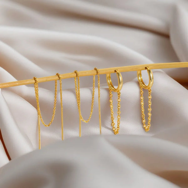 True Gold Plated Brass Fashionable Women's Earring Set Super Fairy Tassel Ear Wire Chain Elegant Ladies Jewelry Accessories