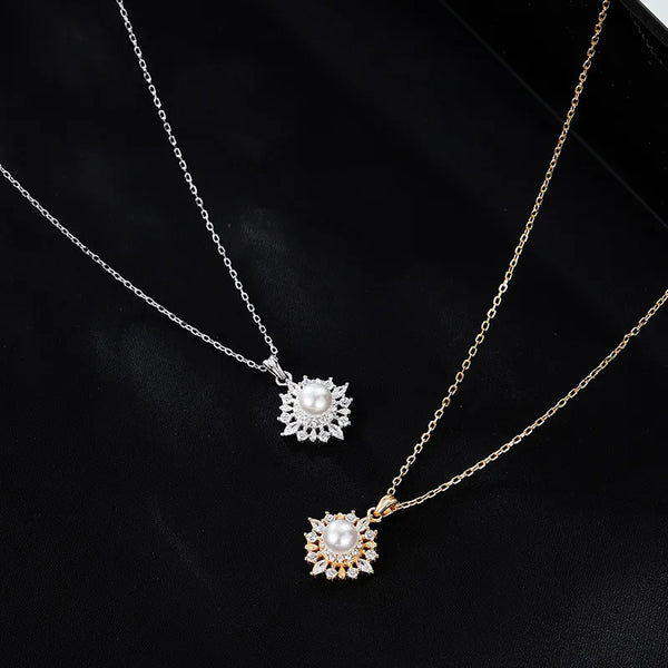 Retro Luxury Diamond Embedded Pearl Pendant Necklace S925 Silver Geometric Pattern For Women Gold Plated Versatile Gift