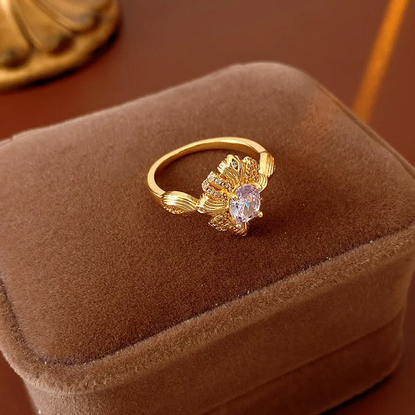 Vintage Round Flower Zircon Ring Gold-Plated Copper Simple Women's All-Season Accessory