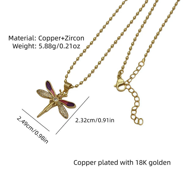 1 Piece Oil Drop Copper Plated 18K Gold Inlaid Cubic Zirconia Dragonfly Pendant Necklace Suitable for Men and Women Gold Necklace