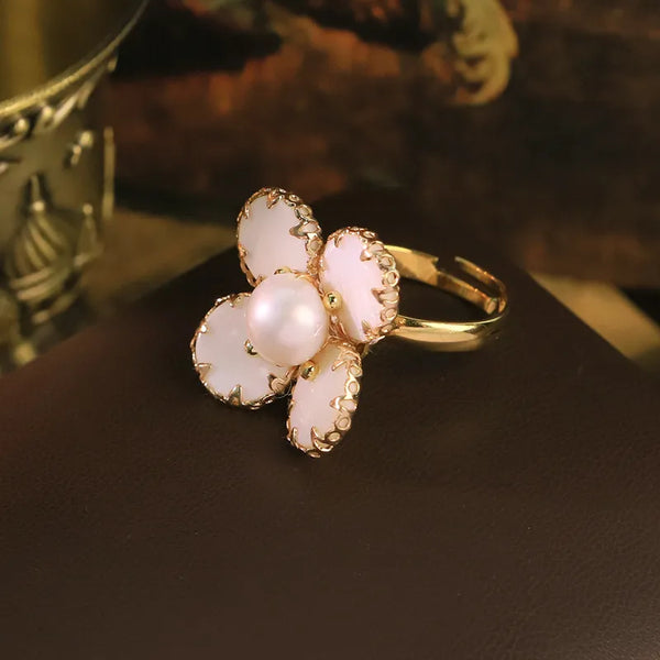 Adjustable Flowers Ring with Freshwater Pearl, 18K Real Gold Plated Featuring Water Plating and 0.03µm-0.05µm Thickness, Handmade