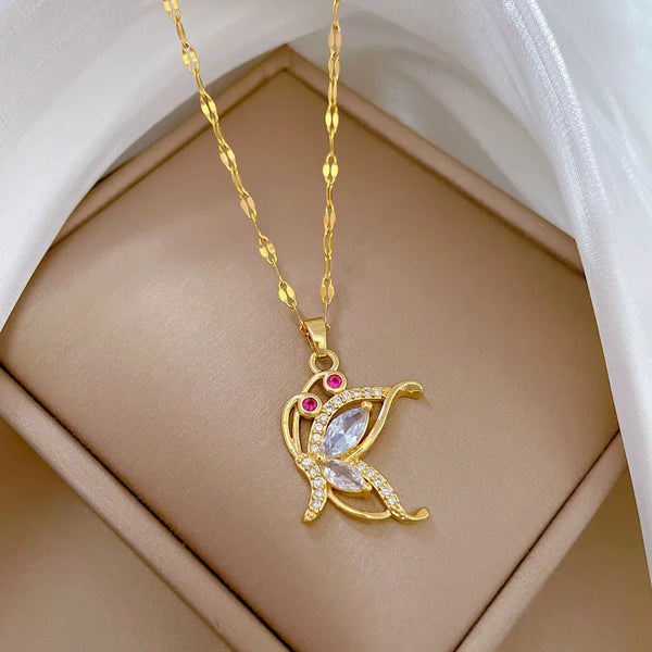 elegant butterfly titanium steel copper plating inlay zircon pendant necklace