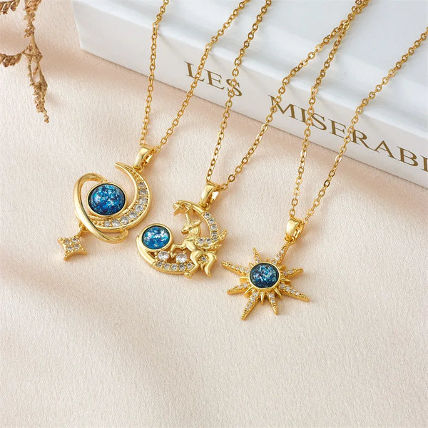 Copper Gold Plated Elegant Lady Modern Style Plating Inlay Star Moon Plastic Rhinestones Pendant Necklace