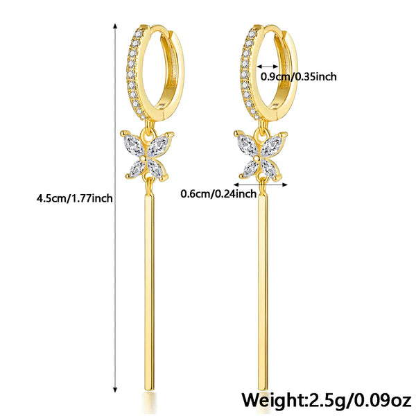 1 Pair 925 Sterling Silver Zircon Tassel Butterfly Drop Earrings
