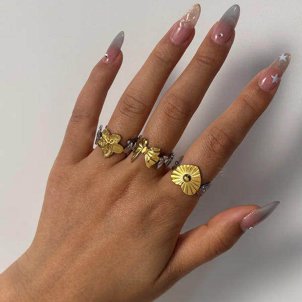 Wholesale Jewelry Casual Simple Style Streetwear Heart Shape Flower Bow Knot 304 Stainless Steel 18K Gold Plated Plating Open Rings