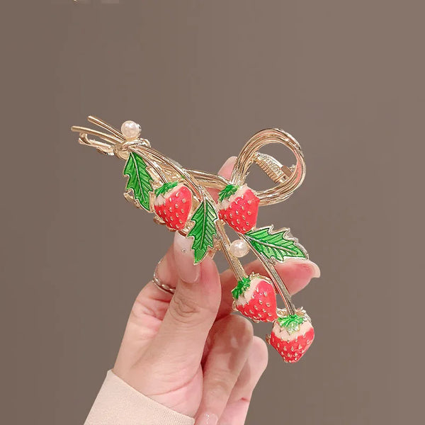 sweet leaf strawberry imitation pearl alloy hair claws 1 piece