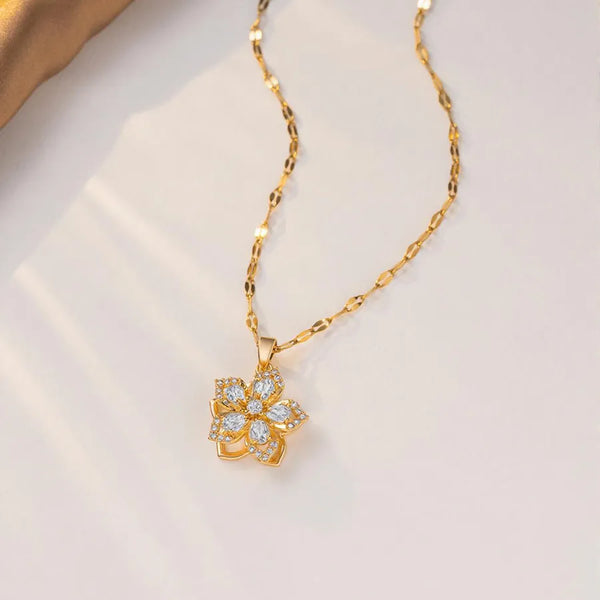 Waterproof Non Tarnish Flowers Necklace For Women, Copper with 18K Real Gold Plated 0.03µm-0.05µm Thickness, Rhinestones on Lip Chain
