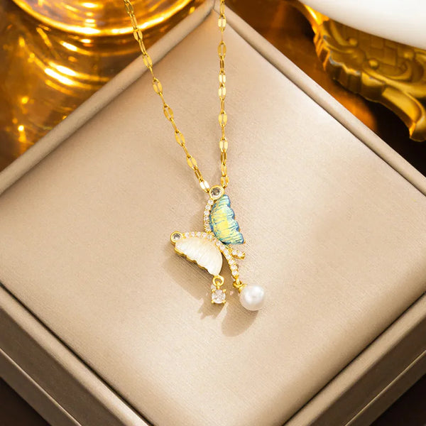 simple style classic style butterfly stainless steel plating inlay pearl zircon 18k gold plated pendant necklace
