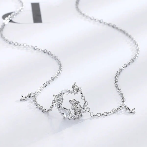 Moon Rabbit Necklace for Girls Zodiac Rabbit Pendant Rose Gold Copper Chain Starry Sky Design Sweater Chain Accessories