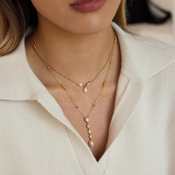 Women's Classic Style 18K Gold 304 Stainless Steel Necklace with White Water Drop Zircon Smiley Face O Chain Combination Handmade Chain Asymmetric Geometric Waterproof Non-Fading