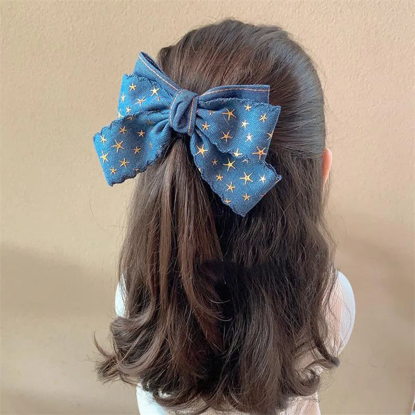 Vintage  Denim Blue Star Bow Hair Clip Children's Back of Head Spring Clip Hair Accessory