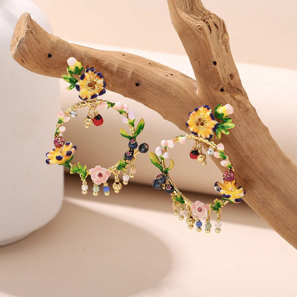 Handmade S925 Silver Needle Copper Plated 18K Gold Drip Oil Enamel Flower Earrings Elegant Fashionable Romantic Drop Earrings