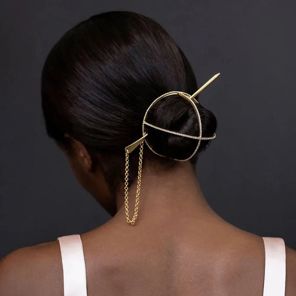 Ethnic Style Geometric Metal Hair Sticks for Women with Rhinestone Inlay in Silver