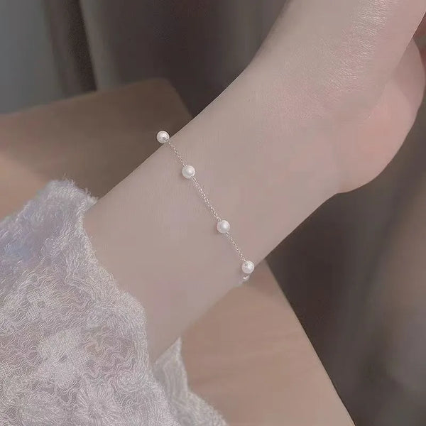 S925 Sterling Silver Pearl Bracelet Women's Unique Design Geometric Pattern Diamond Embedded Fashion Jewelry Accessory