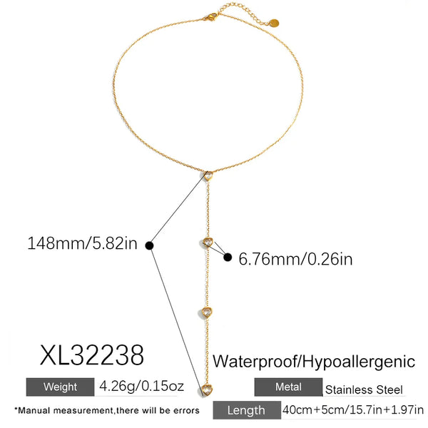 Heart Shape Y-Lariat Necklace for Women, 18K Gold Plated 304 Stainless Steel with Glass Inlay Cable Chain