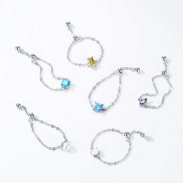 New 925 Sterling Silver Colorful Stretch Chain Ring For Women Unique Personality Layering Style Geometric Pattern Jewelry Accessory