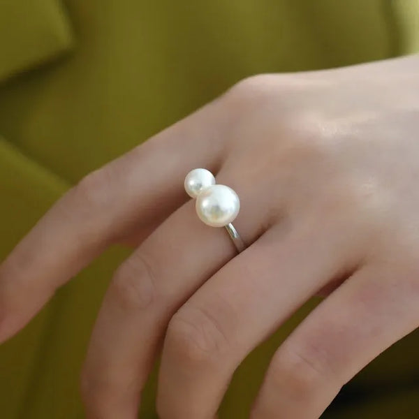Natural Freshwater Double Pearl Ring 925 Silver Adjustable Minimalist Cool Design Sweet Girls Index Finger Niche Design