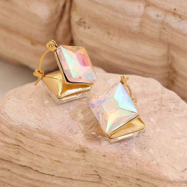 1 Pair Simple Style Commute Shiny Square Three-dimensional Inlay 304 Stainless Steel Glass 18K Gold Plated Earrings