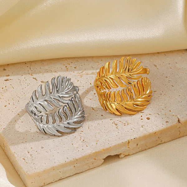 304 Stainless Steel 18K Gold Plated IG Style Plating Leaves Open Rings