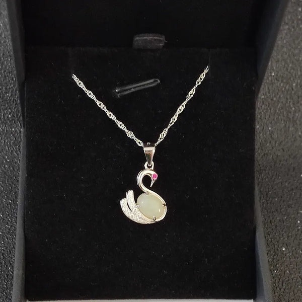 S925 Silver Swan Pendant Necklace Women's Style Jadeite Drop Earrings Ethnicity Fashion Jewelry Accessories