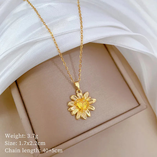 Titanium Steel Copper Gold Plated Cute Modern Style Classic Style Inlay SUNFLOWER (Jz001) Zircon Pendant Necklace