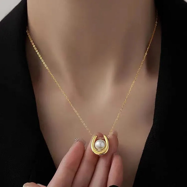 elegant u shape titanium steel inlay artificial pearls pendant necklace