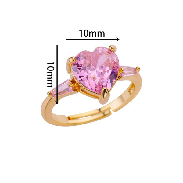 18K Gold Plated Copper Zirconia Pink Zircon Heart Open Ring for Women Suitable for Couples Dating Daily Accessories Jewelry Waterproof Non-Fading