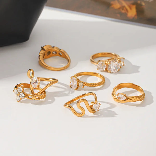 Handmade Irregular Rings for Women in 304 Stainless Steel with 18K Gold Plated PVD Coating and Zircon Inlay