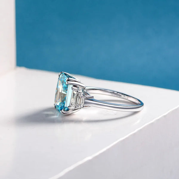 925 Silver Rectangular 8*10 Ring for Women 4 Carat Ocean Blue Trendy Jewelry Platinum Plated High Carbon Diamond Geometric