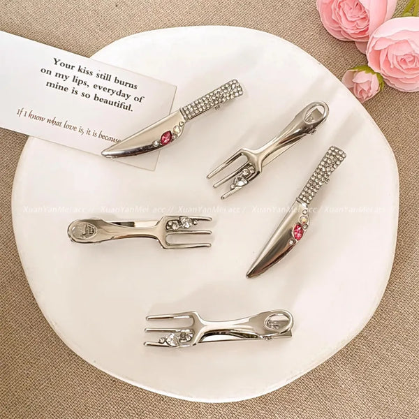 Original Design Blade Hairpin for Women in Metal with Rhinestones, 2 Pieces Set