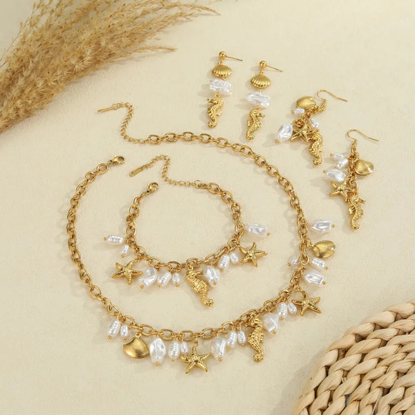 Starfish Conch Pearl Shell Ocean Vacuum Electroplating (In Furnace) 304 Stainless Steel Bracelet Hand Jewelry