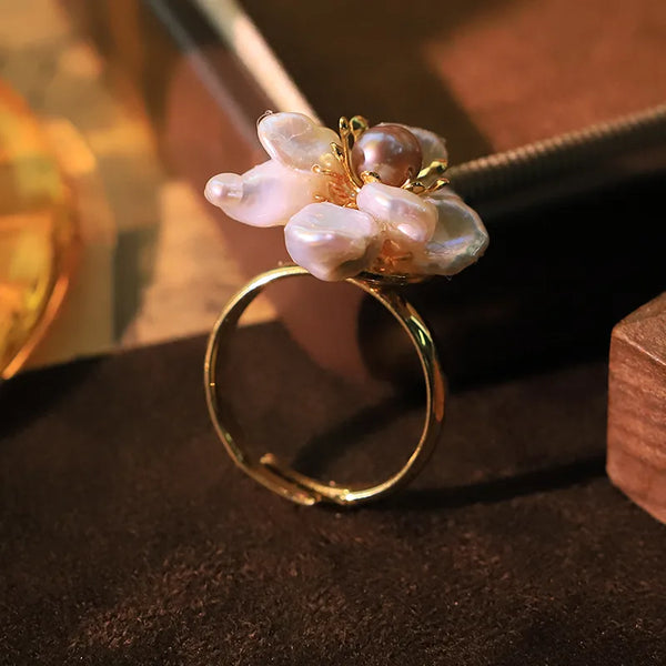 Original Natural Pearl Flower Ring for Women, 18K Gold Plated, Color Retention Ring, Index Finger Ring, Vintage Style, Vacuum Electroplating