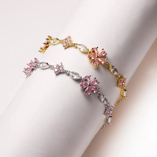 Electroplated Flowers Bracelet in Copper with 18K Real Gold Water Plating and Zircon Inlay, Featuring Handmade Chain