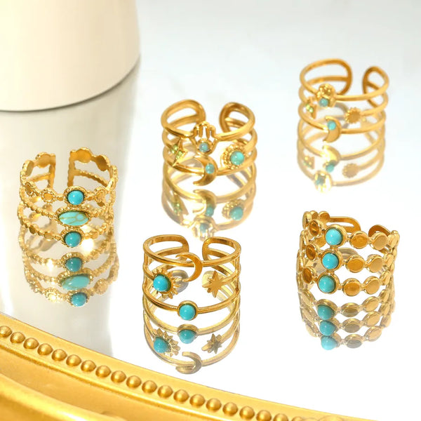 New Stainless Steel Ring European Vacuum Plating 18K Gold Turquoise Moon Star Open Hand Jewelry Women's Personality Ring
