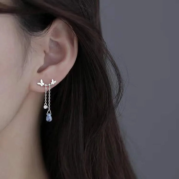 1 Pair 925 Sterling Silver glass Butterfly Drop Earrings