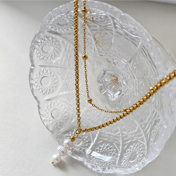 Minimalist Pearl Pendant Layered Necklace for Women, Multi-layer Versatile 304 Stainless Steel Chain Clavicle Chain, 14K Real Gold Plated Vacuum Electroplating (In Furnace) Ultra-fine Chain (Jewelry), Waterproof and Non-fading Double-layer Necklace