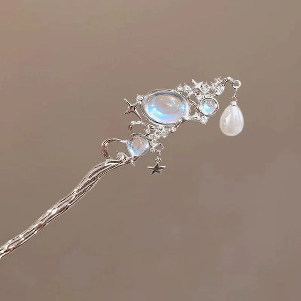 Simple Style Metal Hair Sticks for Women Featuring Moonstone Inlay, Perfect Birthday Gift